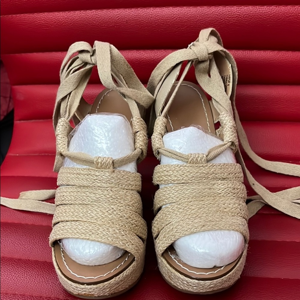 Tan Espadrilles with Wedge Heel and Ankle Wrap